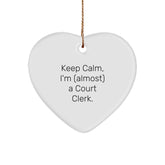 Funny Court Clerk Gifts for Christmas - 'Keep Calm, I'm (almost) A Court Clerk.' Heart Ornament from Friends and Family - Image 1